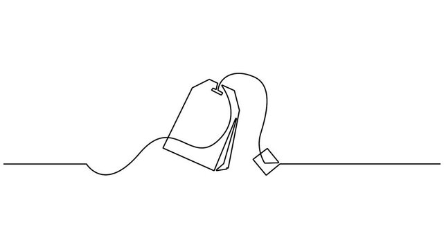 Tea bag continuous line drawing animation isolated on white background. Minimalist tea bag line sketch self-drawing animation for cafe branding and web design.