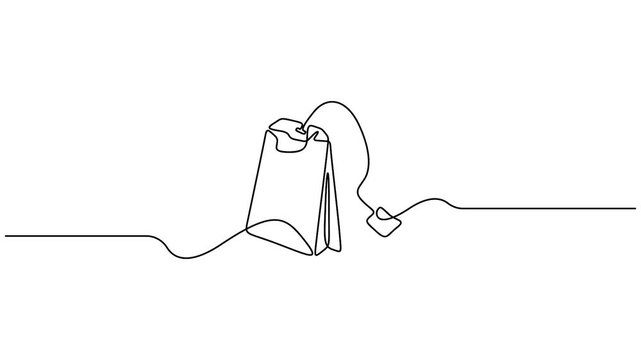 Tea bag continuous line drawing animating on a clean white background. Minimalist one line art animation of a classic tea bag for cafe branding and design.