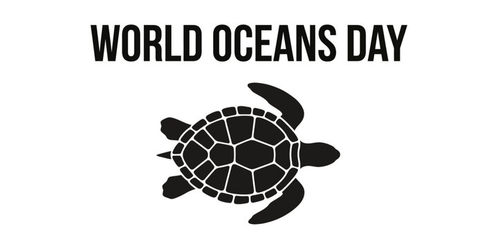 World Oceans Day typography text with sea turtle silhouette, minimalist marine wildlife protection logo, vector illustration of tortoise