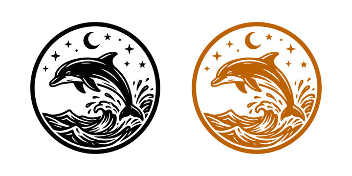 Vintage dolphin circular badge set with sea waves, minimalist marine wildlife logo concept under night sky with moon and stars vector illustration