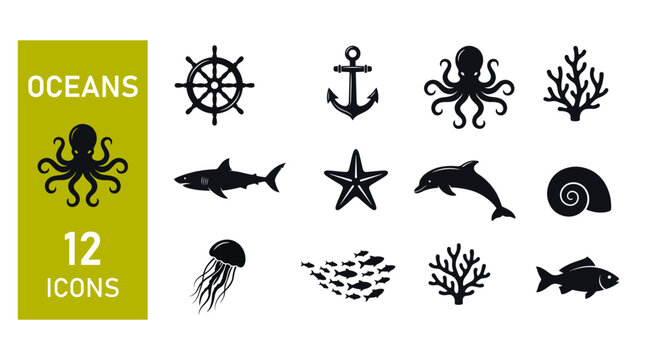 World Oceans Day sea life icon set, minimalist marine animals and nautical vector silhouette symbols
