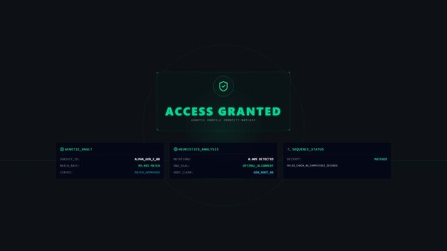 Futuristic Data Access Granted Interface Animation Screen Featuring Digital Security Scanning Process With Glowing Cyan Nodes And User Authentication Workflow In High Definition Motion Graphics