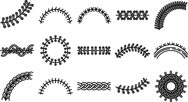 Decorative Sewing Stitch and Baseball Lacing Line Icon Set with Circular Borders Embroidery Patterns and Medical Suture Elements for Apparel Design