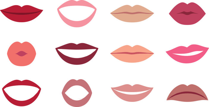 Female Lips Icon Set with Diverse Mouth Expressions Smiling Kissing Pouting and Speaking Gestures for Makeup Cosmetics and Beauty Fashion Graphic Designs