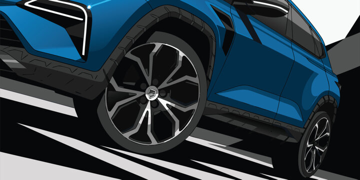 Stylized vector illustration of a sleek blue car focusing on the front wheel and profile