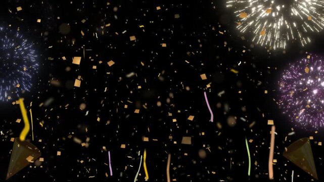 Colorful fireworks exploding over night celebration with crowd cheering and waving sparklers