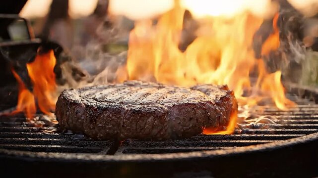 Sizzling prime steak on a fiery barbecue grill, showcasing the art of outdoor cooking with intense flames charring the delicious meat to perfection for a gourmet meal experience