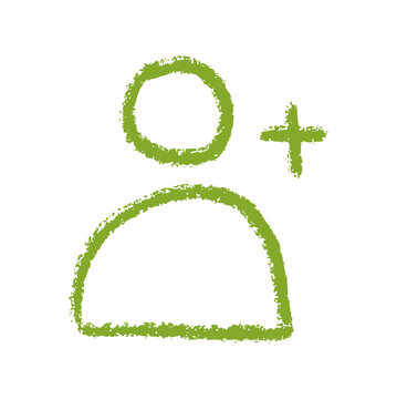 Add user profile icon crayon wax doodle, rough textured hand drawn, green friend avatar, new account member symbol, join follower graphic, contact plus sign