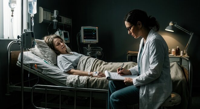 Doctor Attends To Patient In Hospital Room While Taking Notes