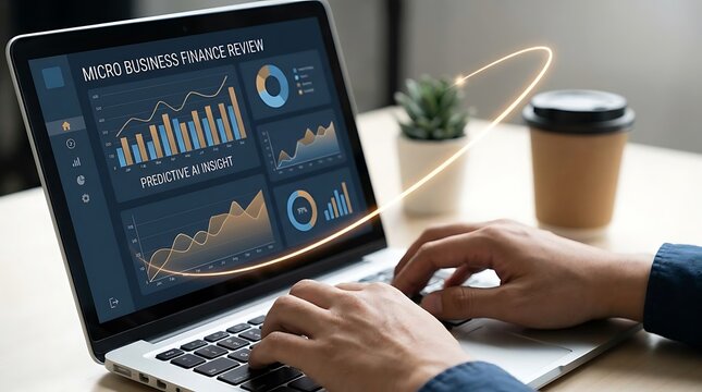 User analyzing micro business finance review on laptop screen with predictive ai insight graphics.