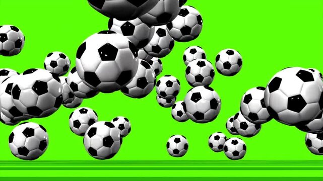 Many soccer balls falling down on green screen background, 3d footballs bouncing group chroma key video, sports championship transition graphics video footage