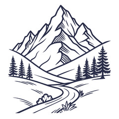 Obraz premium Winding road through mountain valley illustration with pine forest and rocky peaks for road trip journey and discovery of wild nature environment