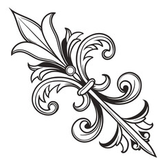 Ornate black and white vintage scrollwork with a central element resembling a spearhead or fleur de lis detailed decorative design resource © A