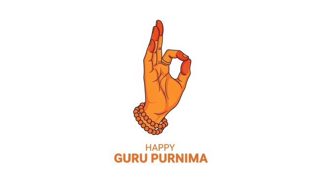 Hand gesture showing gyan mudra for guru purnima celebration with prayer beads and orange line art
