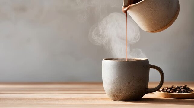 Hot coffee being poured into a ceramic mug with steam rising, cozy morning beverage concept, cafe lifestyle, warm drink preparation, energy boost routine.