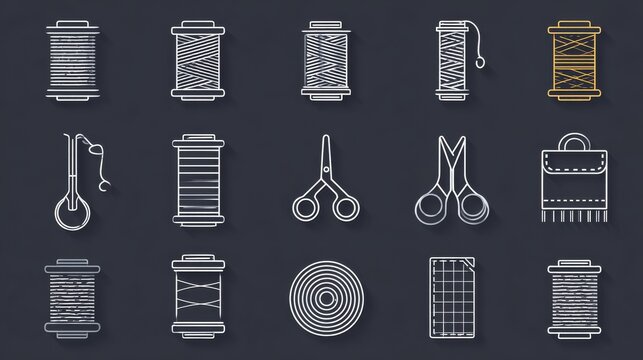 Clean linear icon set of textile industry tools and materials, including thread spools, scissors, leather, rolls of fabric, with uniform editable stroke style