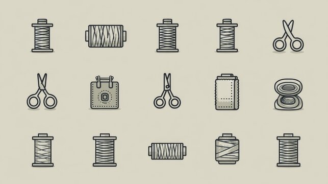 Clean linear icon set of textile industry tools and materials, including thread spools, scissors, leather, rolls of fabric, with uniform editable stroke style