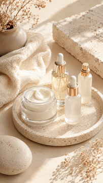 Natural skincare beauty arrangement featuring cosmetic serum bottles and negative space for branding