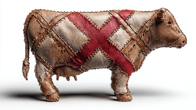 Conceptual digital rendering of a leather-made cow shape stitched like upholstery, placed centrally on white with bold red strike-through for animal rights