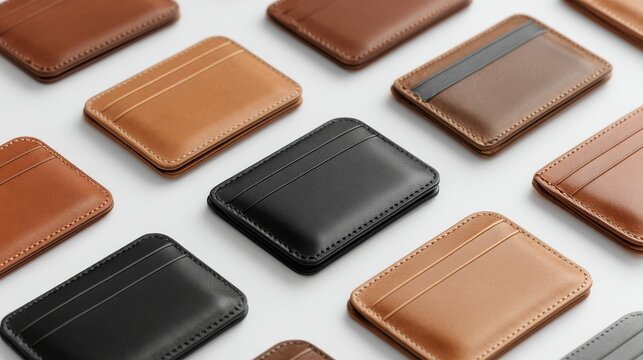 Multi-angle display of minimalistic leather card wallets, showing front, back, and open view, arranged in a clean grid on white