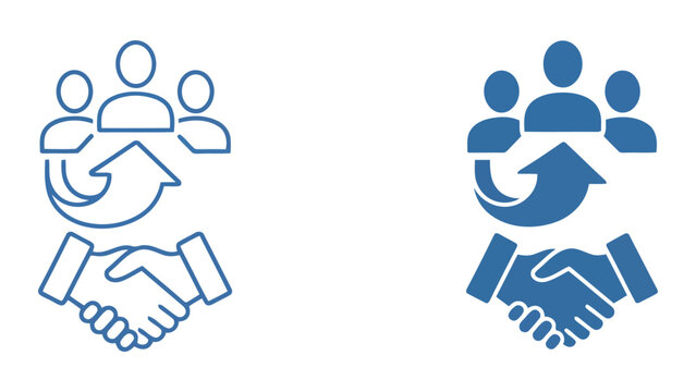 Business partnership and team cooperation icon set with handshake and upward arrows representing professional alliance and growth in simple outline and solid vector graphic styles