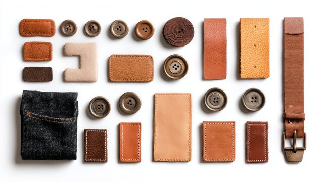 Flat lay composition of various blank leather jeans patches in tan and brown tones, metal buttons and denim straps arranged neatly on pure white background