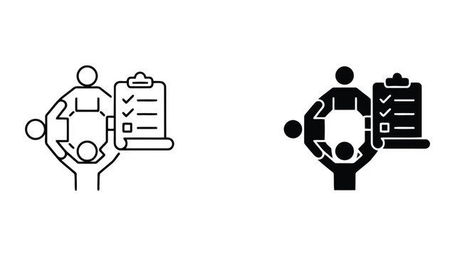 Team task management and checklist icons featuring group collaboration and organized workflow in clean outline and solid vector styles for business project tracking and office productivity