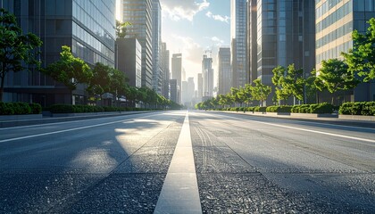 Fototapeta premium Brightly lit modern city street at dawn, showcasing contemporary architecture and an open road stretching into the urban horizon