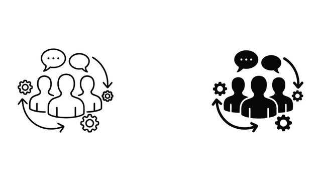 Team discussion with speech bubbles and gear symbols for effective communication and collaborative process management concept vector icon