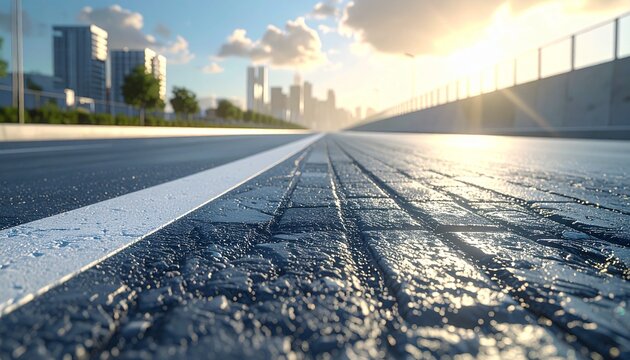 Empty urban road with textured asphalt leading towards a bright city skyline bathed in golden sunlight, representing progress and a clear path ahead