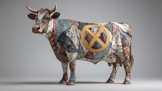 Sustainability-themed illustration showing leather patchwork cow under ban sign, creative 3D concept with white backdrop and protest symbolism