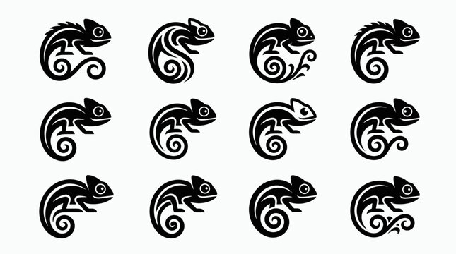 Collection of black chameleon line art.