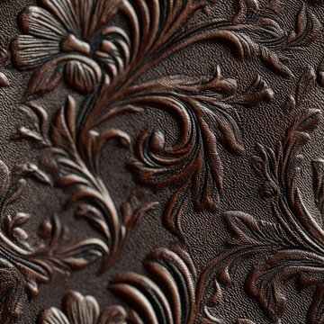 High-resolution macro view of embossed flower pattern in brown leather, showcasing texture depth, traditional western-style tooling