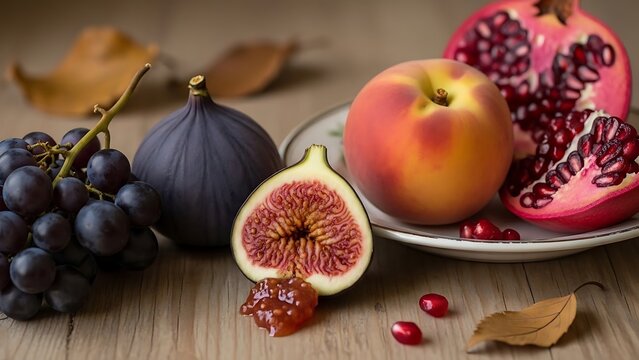 Fresh fruits still life &mdash; figs, peach, pomegranate, and grapes on rustic wooden table, natural autumn harvest vibe