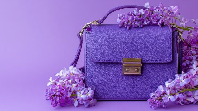 Purple leather fashion bag in vibrant very peri tone placed diagonally, with fresh violet flower decor on light surface, spring/summer styling