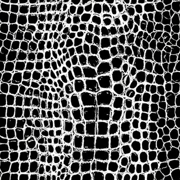 Repeating crocodile print vector background in black and white, faux animal skin texture in seamless modern pattern
