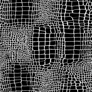 Repeating crocodile print vector background in black and white, faux animal skin texture in seamless modern pattern