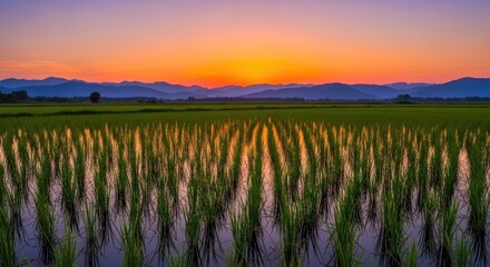 Fototapeta premium Sunset over flooded rice paddies with mountain silhouette