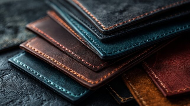 Close-up of several handmade leather wallets with contrast thread and textured surfaces, artistically placed on dark matte backdrop