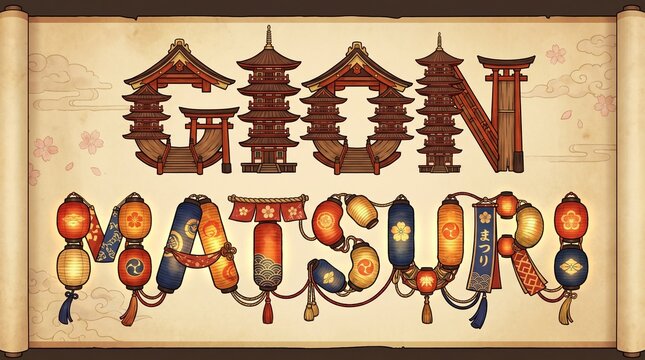 Vector graphic gion matsuri kyoto festival name buildings lanterns illustration