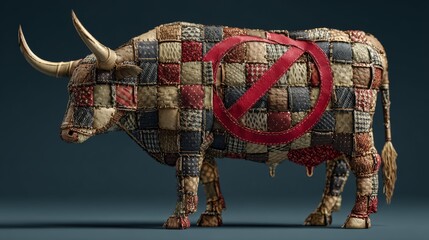 Obraz premium Stylized patchwork cow made of faux leather squares, stitched together visibly, with a red no-symbol overlaying the animal, symbol of anti-leather message