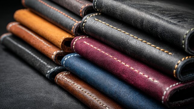 Top view of multi-colored handmade men&acirc;&euro;&trade;s leather wallets arranged on dark background, showing craftsmanship and varied stitching styles