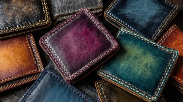 Top view of multi-colored handmade men&acirc;&euro;&trade;s leather wallets arranged on dark background, showing craftsmanship and varied stitching styles