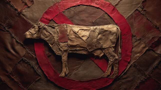Unique anti-leather concept artwork: cow silhouette made from leather scraps with visible textures and seams, bold red prohibition circle over it
