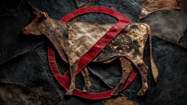 Unique anti-leather concept artwork: cow silhouette made from leather scraps with visible textures and seams, bold red prohibition circle over it
