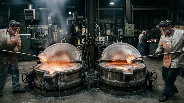 Medium shot of industrial lead refining kettles with workers using ladles to carefully stir molten lead bullion under protective covers