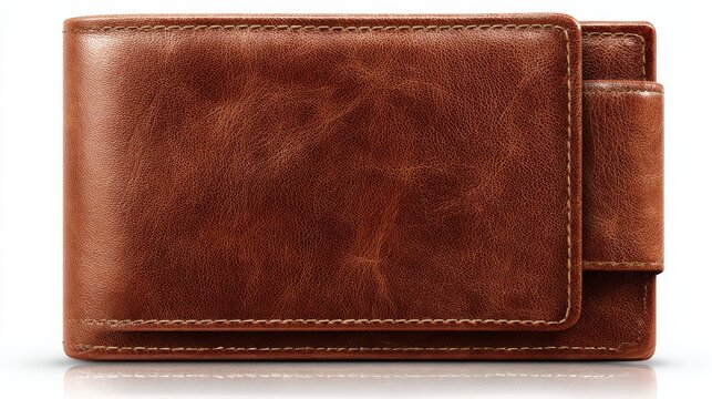 Vector image of a brown leather wallet with visible stitching and subtle texture, closed and folded, isolated on a pure white background