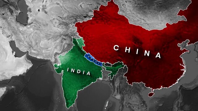 Animated political map video clip showing India and China border tensions with glowing Nepal, motion graphics