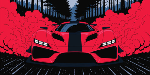 Obraz premium Stylized digital illustration of a red supercar speeding through a dark forest with red smoke