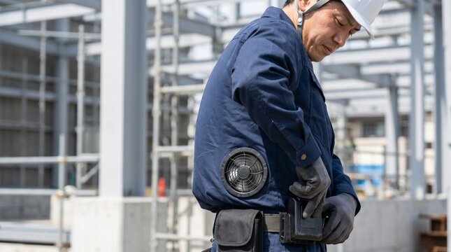 現場でファン付き作業着を稼働させて涼む、熱中症対策のためにバッテリーを操作する日本人男性作業員